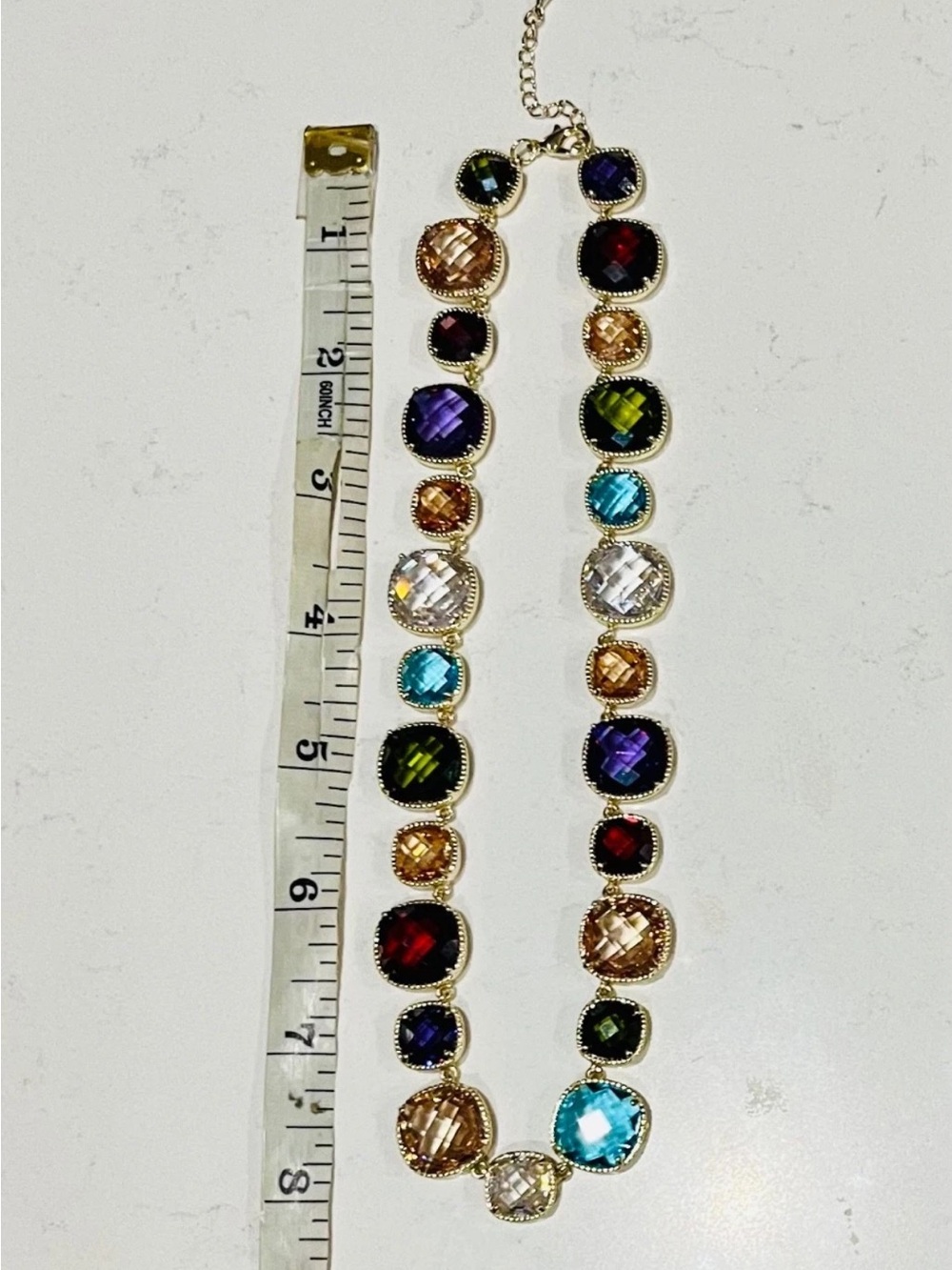 Vintage Gold Tone Multicolor Checkerboard Cubic Zirconia Station Necklace READ… - Picture 5 of 12
